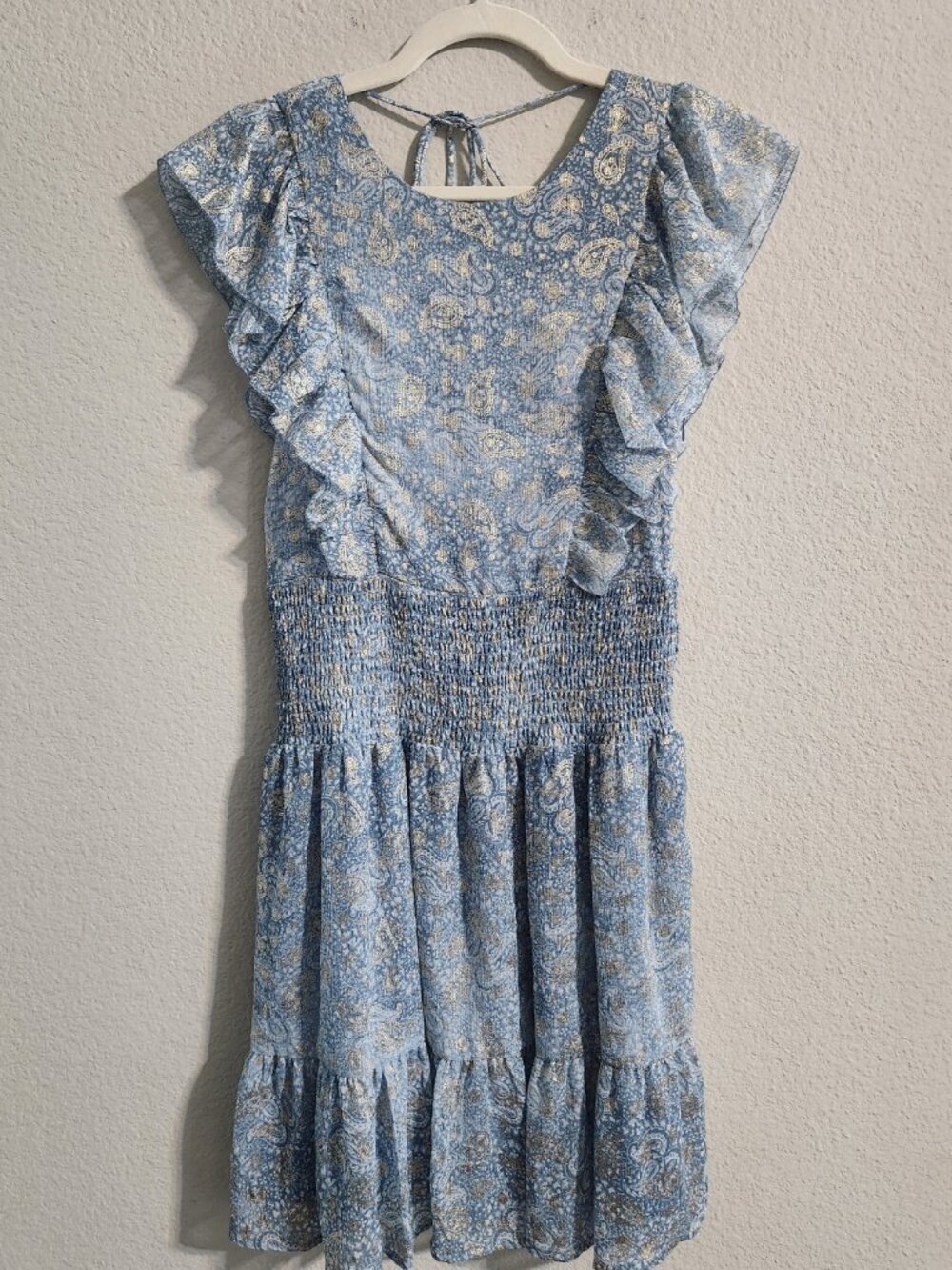 Michael Kors Blue & Gold Paisley-Print Smocked Mini dress Flutter Sleeves small